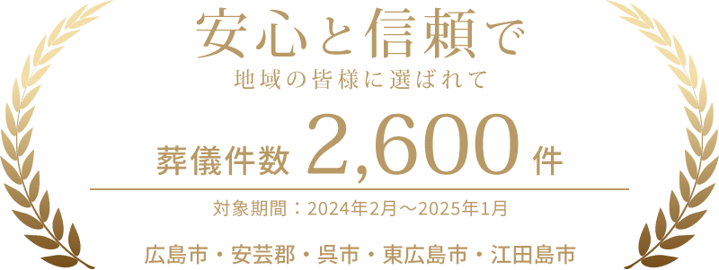 安心と信頼で地域の皆様に選ばれて 葬儀件数2,600件 対象期間：2024年2月～2025年1月 広島市・安芸郡・呉市・東広島市・江田島市